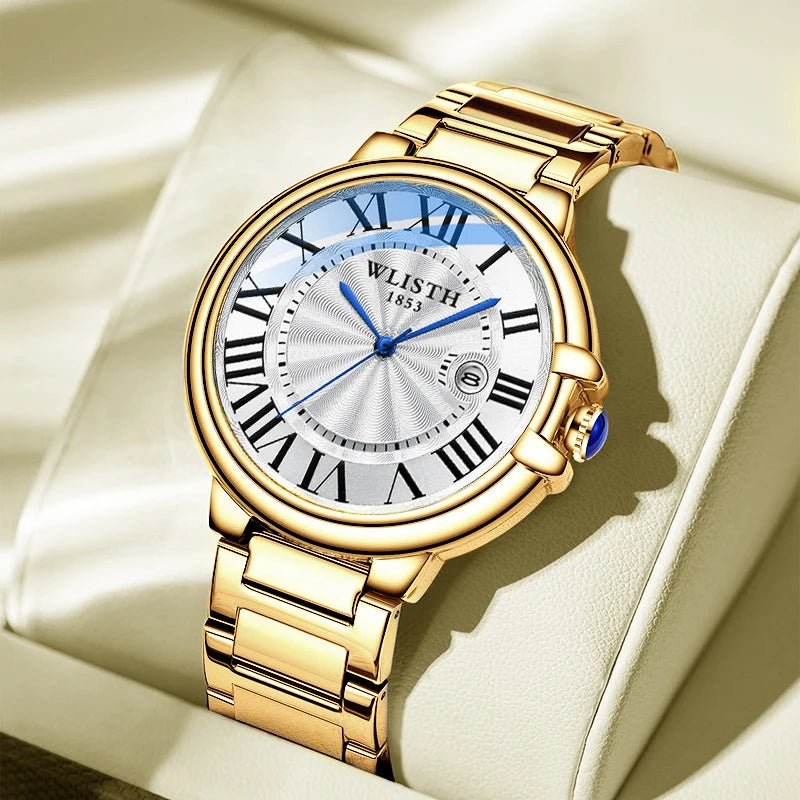 Wlisth marca de negócios relógio masculino high-end prateado aço inoxidável relógios de pulso à prova dwaterproof água roma masculino relógios de quartzo