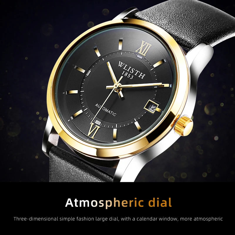 Relógio Automático Masculino com Pulseira de Couro Genuíno, Relógios à Prova d'Água, Luxuoso, Relógio Automático para Presentes Masculinos, Presentes de Negócios