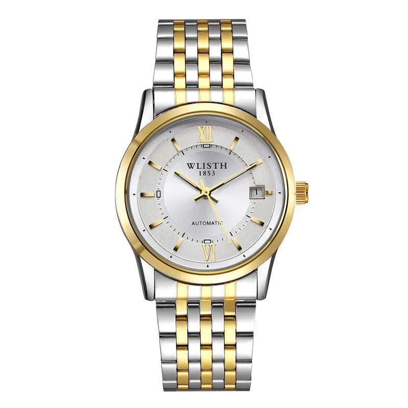 Relógio Automático Masculino com Pulseira de Couro Genuíno, Relógios à Prova d'Água, Luxuoso, Relógio Automático para Presentes Masculinos, Presentes de Negócios