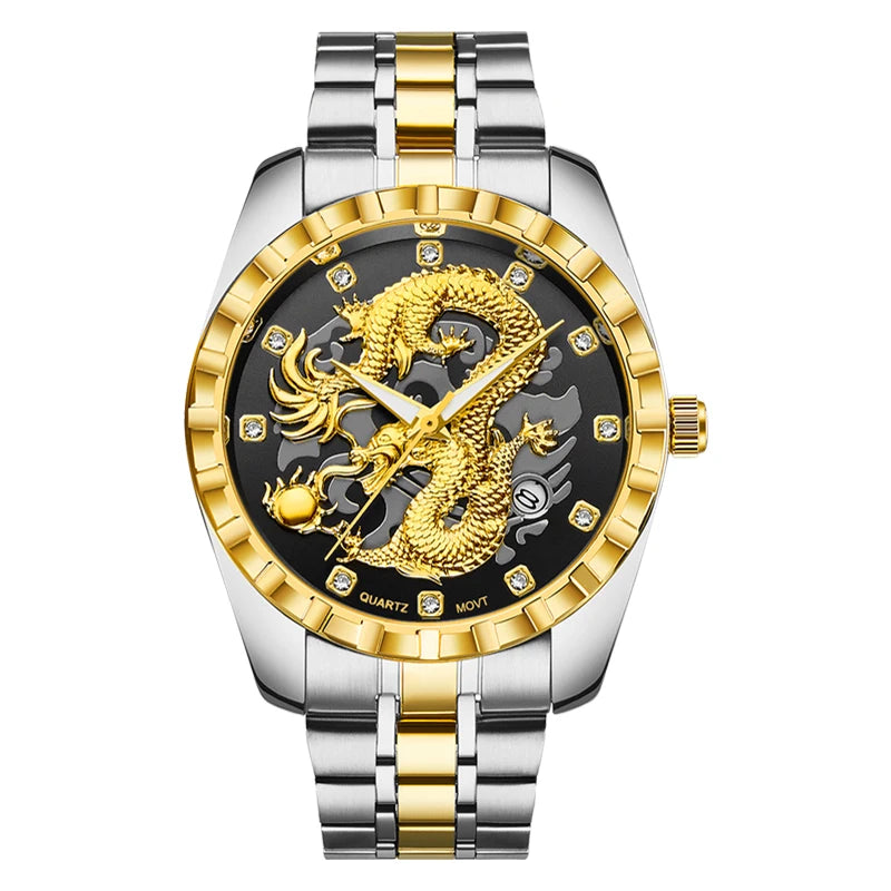 Wlisth relógio masculino 3d dragão dourado original relógio de quartzo para homem dragão dial à prova dwaterproof água luminosa data relógios de aço inoxidável
