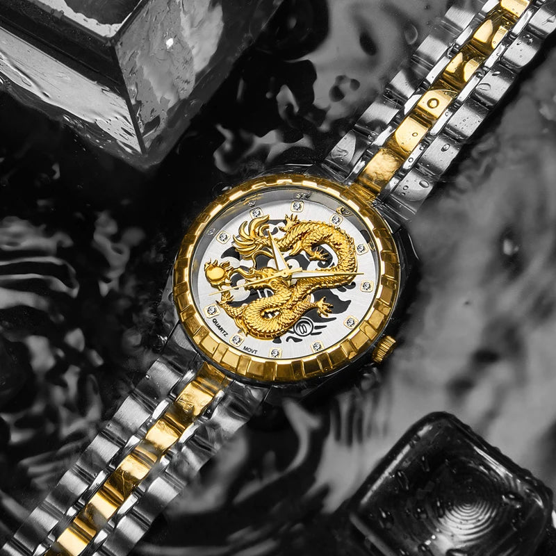 Wlisth relógio masculino 3d dragão dourado original relógio de quartzo para homem dragão dial à prova dwaterproof água luminosa data relógios de aço inoxidável