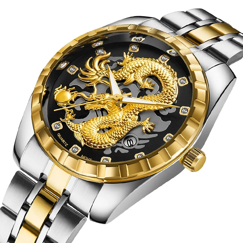 Wlisth relógio masculino 3d dragão dourado original relógio de quartzo para homem dragão dial à prova dwaterproof água luminosa data relógios de aço inoxidável