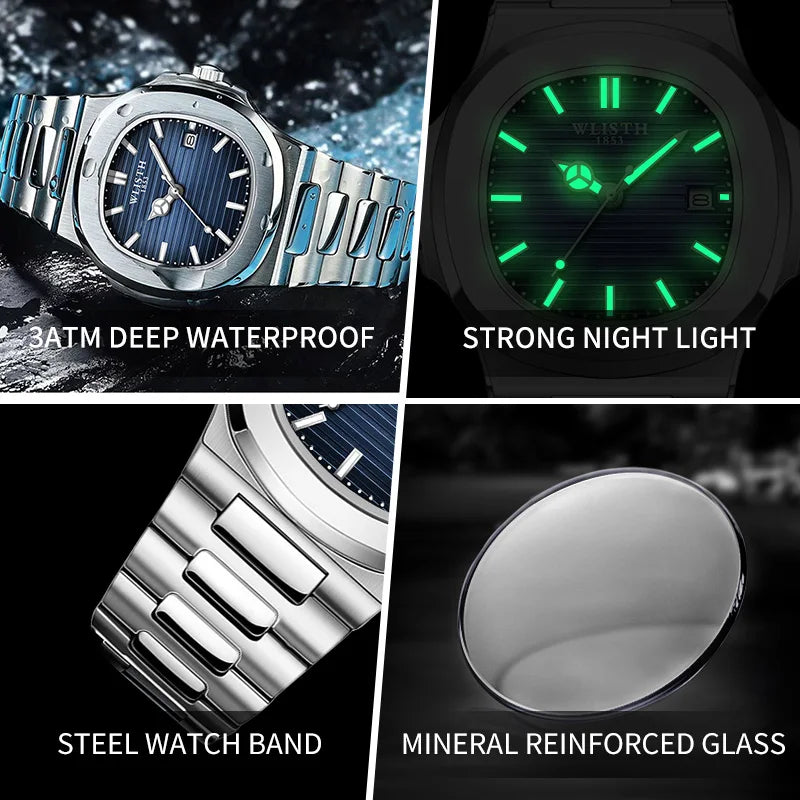 Wlisth relógios masculinos negócios relógios de quartzo moda relógio masculino luminoso à prova dwaterproof água esporte relógios masculino relógio de pulso de aço inoxidável