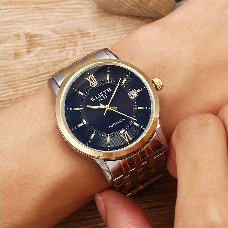 Relógio Automático Masculino com Pulseira de Couro Genuíno, Relógios à Prova d'Água, Luxuoso, Relógio Automático para Presentes Masculinos, Presentes de Negócios