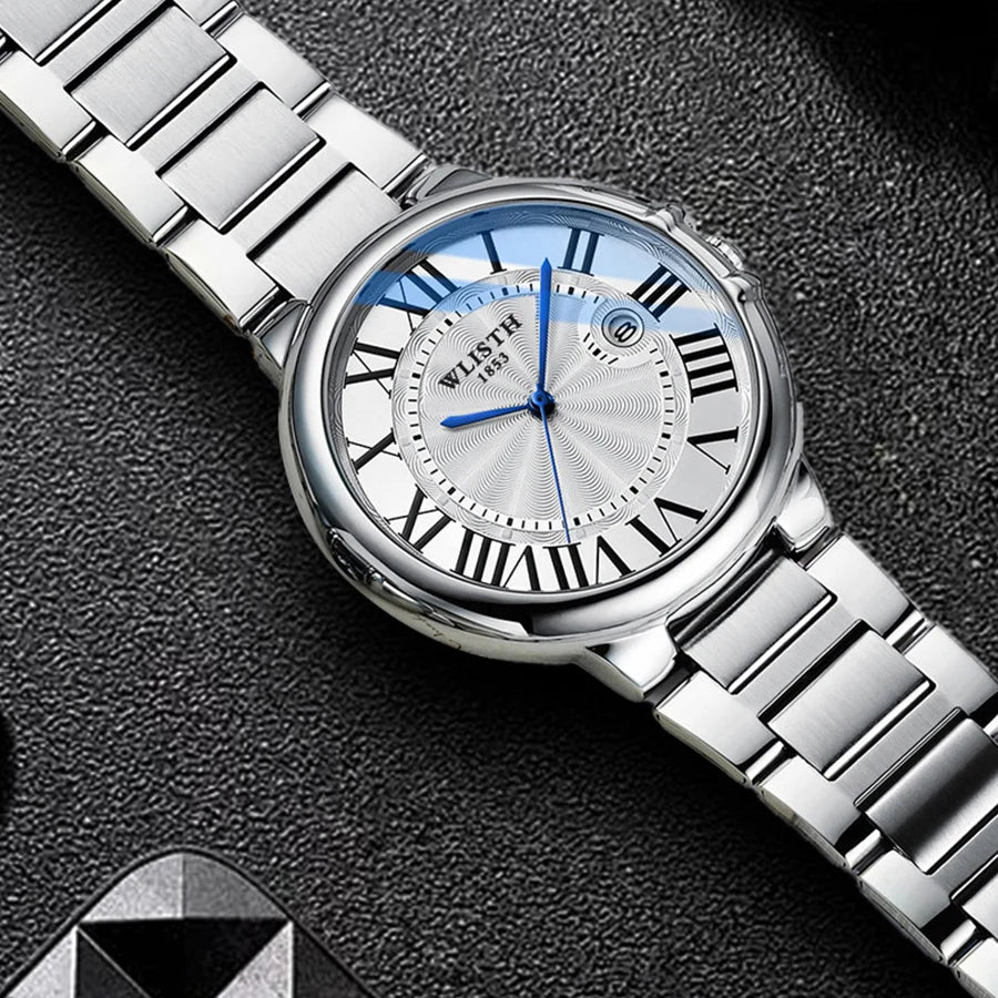 Wlisth marca de negócios relógio masculino high-end prateado aço inoxidável relógios de pulso à prova dwaterproof água roma masculino relógios de quartzo