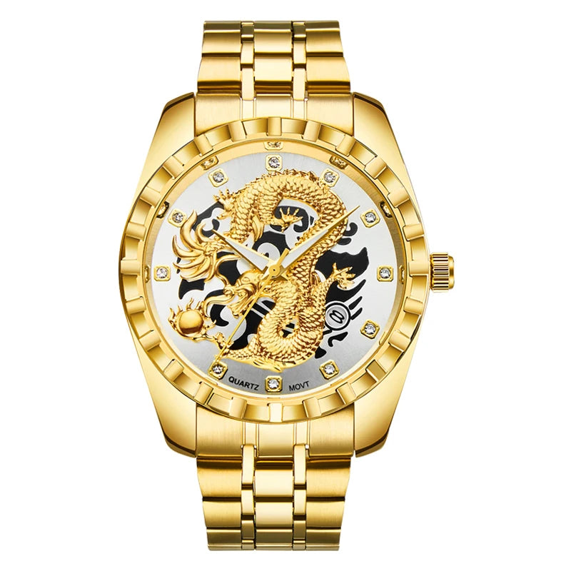 Wlisth relógio masculino 3d dragão dourado original relógio de quartzo para homem dragão dial à prova dwaterproof água luminosa data relógios de aço inoxidável