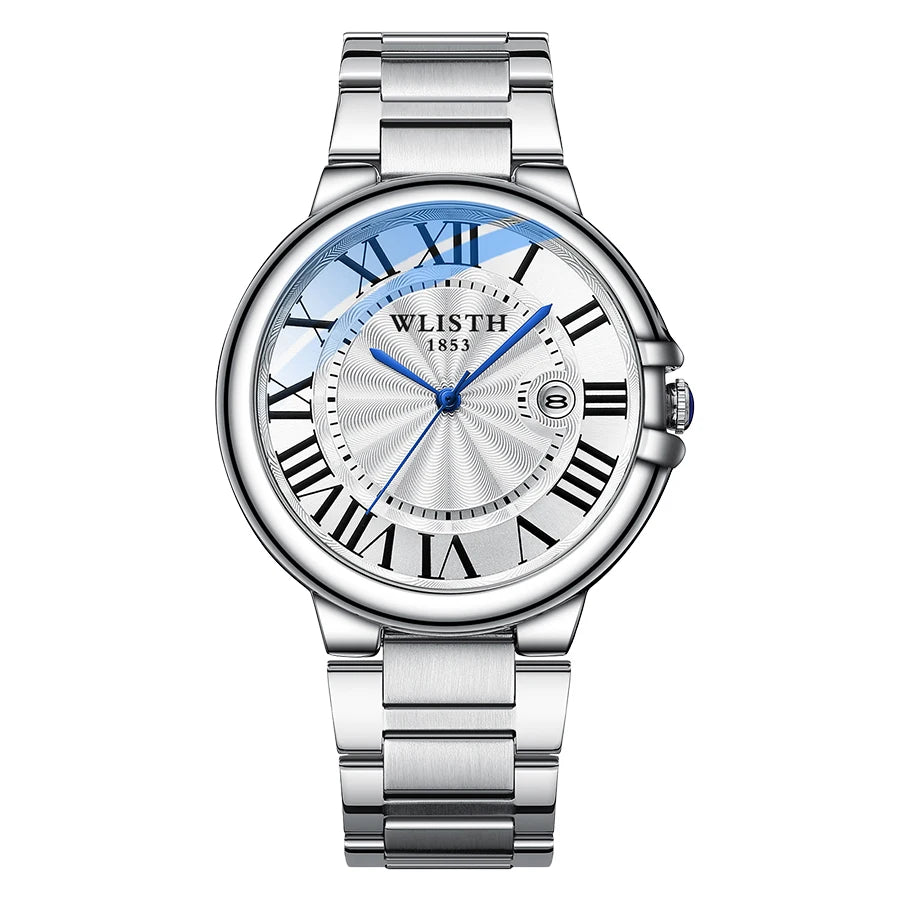 Wlisth marca de negócios relógio masculino high-end prateado aço inoxidável relógios de pulso à prova dwaterproof água roma masculino relógios de quartzo