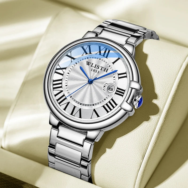 Wlisth marca de negócios relógio masculino high-end prateado aço inoxidável relógios de pulso à prova dwaterproof água roma masculino relógios de quartzo
