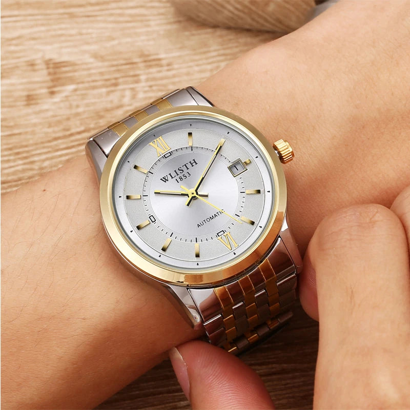 Relógio Automático Masculino com Pulseira de Couro Genuíno, Relógios à Prova d'Água, Luxuoso, Relógio Automático para Presentes Masculinos, Presentes de Negócios