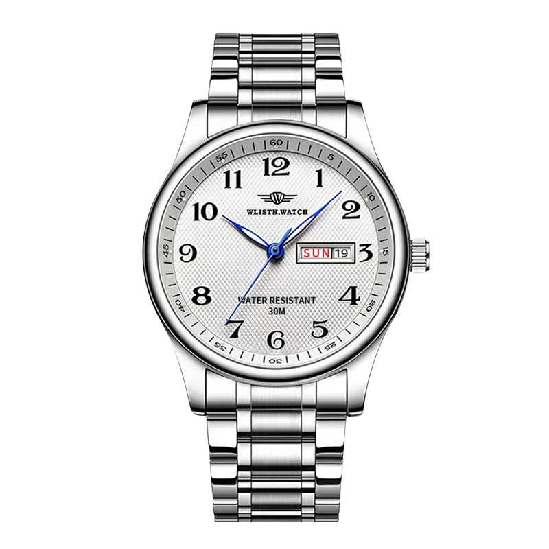 Wlisth marca de luxo relógio masculino quartzo algarismos árabes aço inoxidável calendário à prova dwaterproof água relógio de pulso presentes para pai