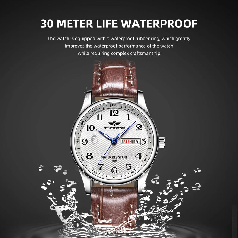 Wlisth marca de luxo relógio masculino quartzo algarismos árabes aço inoxidável calendário à prova dwaterproof água relógio de pulso presentes para pai