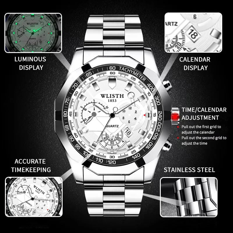 Relógio Masculino Original Esportivo Quartz com Calendário Pulseira de Aço à Prova d'Água Luminosa Multifuncional Relógio Quartz Reloj Hombre