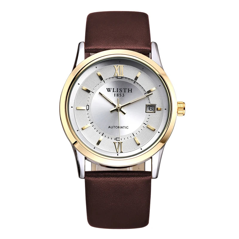 Relógio Automático Masculino com Pulseira de Couro Genuíno, Relógios à Prova d'Água, Luxuoso, Relógio Automático para Presentes Masculinos, Presentes de Negócios