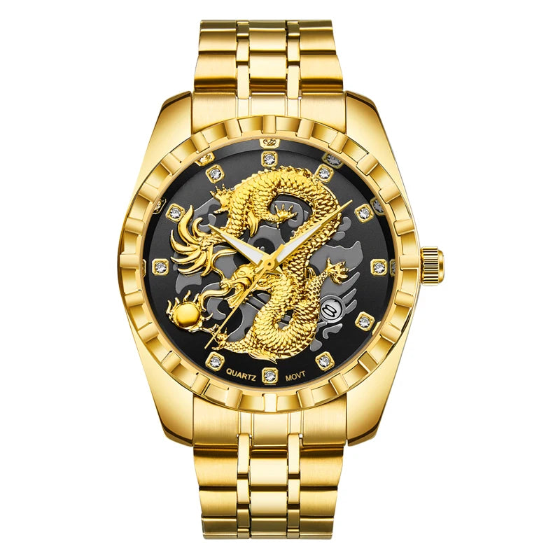 Wlisth relógio masculino 3d dragão dourado original relógio de quartzo para homem dragão dial à prova dwaterproof água luminosa data relógios de aço inoxidável
