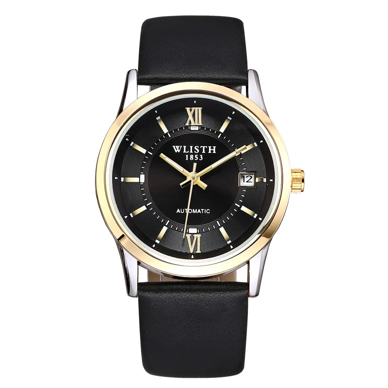 Relógio Automático Masculino com Pulseira de Couro Genuíno, Relógios à Prova d'Água, Luxuoso, Relógio Automático para Presentes Masculinos, Presentes de Negócios