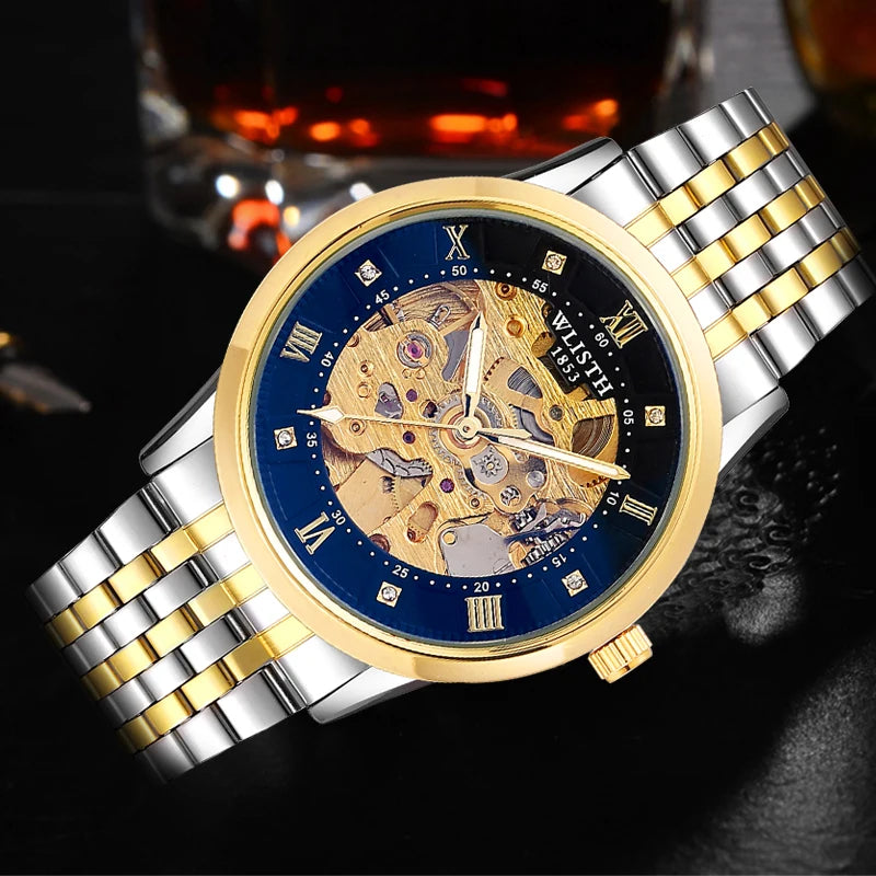 Wlisth marca máquinas relógios masculinos sólido aço inoxidável à prova dwaterproof água luminosa homem relógio de luxo automático relógio mecânico presente