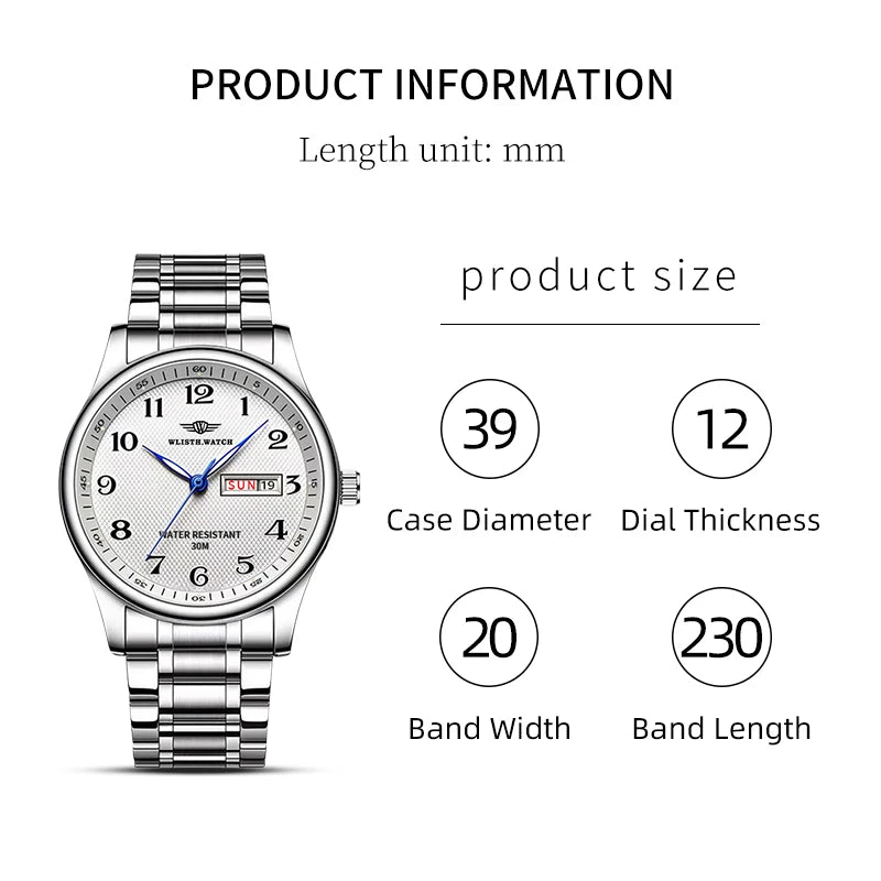 Wlisth marca de luxo relógio masculino quartzo algarismos árabes aço inoxidável calendário à prova dwaterproof água relógio de pulso presentes para pai
