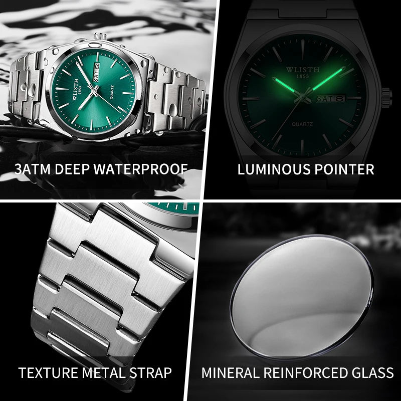 Wlisth relógio masculino de luxo, à prova d'água, fashion, negócios, aço inoxidável, casual, quartzo, esportivo