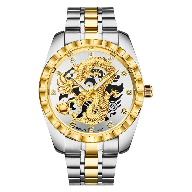 Wlisth relógio masculino 3d dragão dourado original relógio de quartzo para homem dragão dial à prova dwaterproof água luminosa data relógios de aço inoxidável