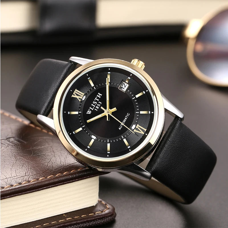 Relógio Automático Masculino com Pulseira de Couro Genuíno, Relógios à Prova d'Água, Luxuoso, Relógio Automático para Presentes Masculinos, Presentes de Negócios