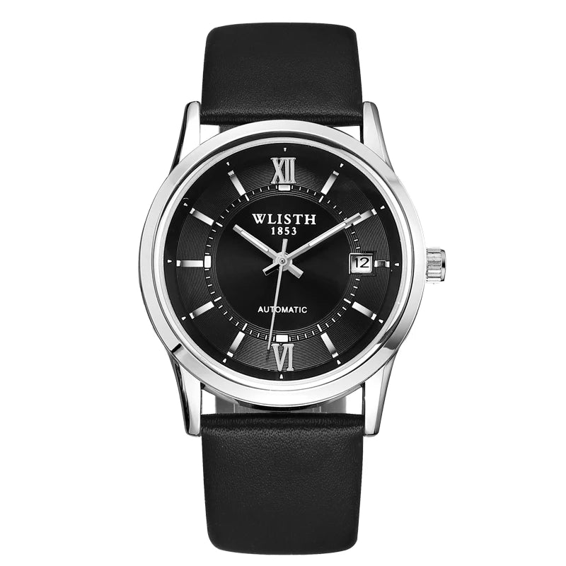 Relógio Automático Masculino com Pulseira de Couro Genuíno, Relógios à Prova d'Água, Luxuoso, Relógio Automático para Presentes Masculinos, Presentes de Negócios
