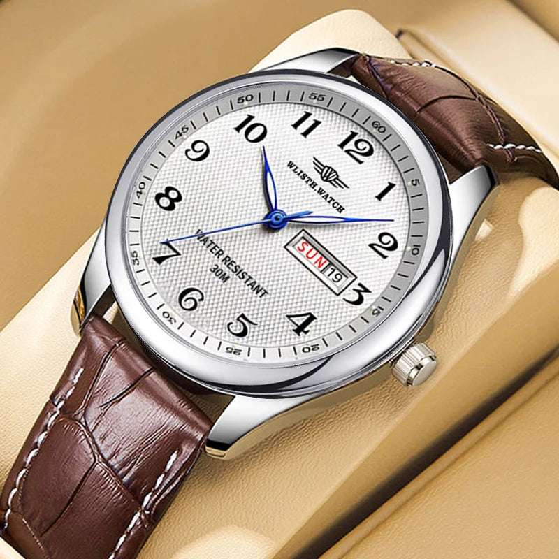 Wlisth marca de luxo relógio masculino quartzo algarismos árabes aço inoxidável calendário à prova dwaterproof água relógio de pulso presentes para pai