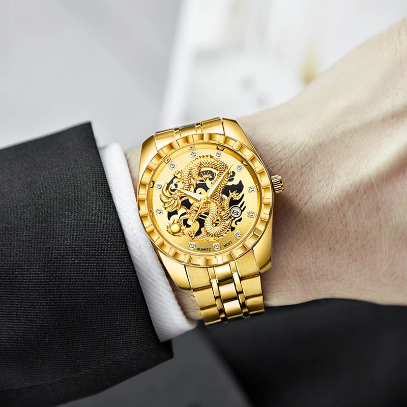 Wlisth relógio masculino 3d dragão dourado original relógio de quartzo para homem dragão dial à prova dwaterproof água luminosa data relógios de aço inoxidável