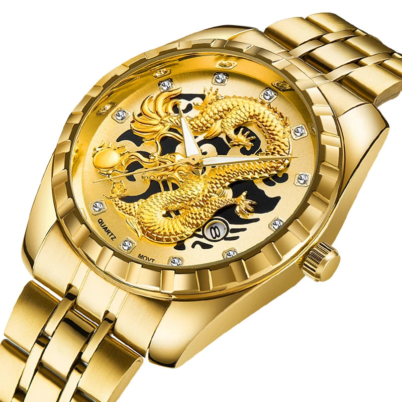Wlisth relógio masculino 3d dragão dourado original relógio de quartzo para homem dragão dial à prova dwaterproof água luminosa data relógios de aço inoxidável
