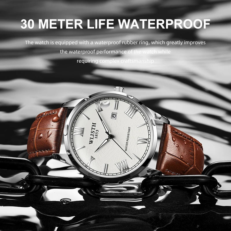 Homem de negócios relógio moda pulseira de couro relógios masculinos esporte à prova dwaterproof água calendário quartzo relógios de pulso masculino para homem