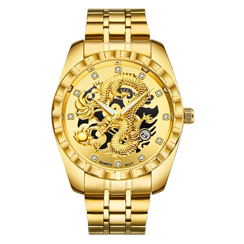 Wlisth relógio masculino 3d dragão dourado original relógio de quartzo para homem dragão dial à prova dwaterproof água luminosa data relógios de aço inoxidável