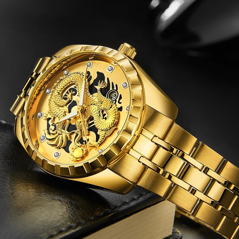 Wlisth relógio masculino 3d dragão dourado original relógio de quartzo para homem dragão dial à prova dwaterproof água luminosa data relógios de aço inoxidável