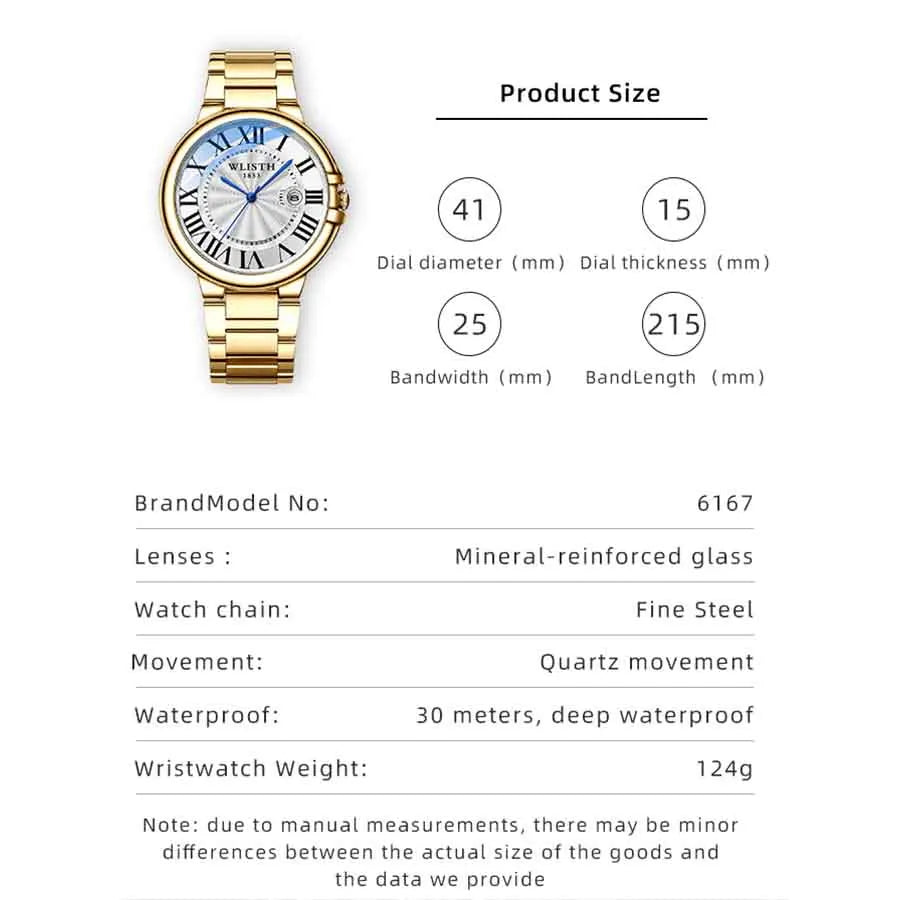 Wlisth marca de negócios relógio masculino high-end prateado aço inoxidável relógios de pulso à prova dwaterproof água roma masculino relógios de quartzo