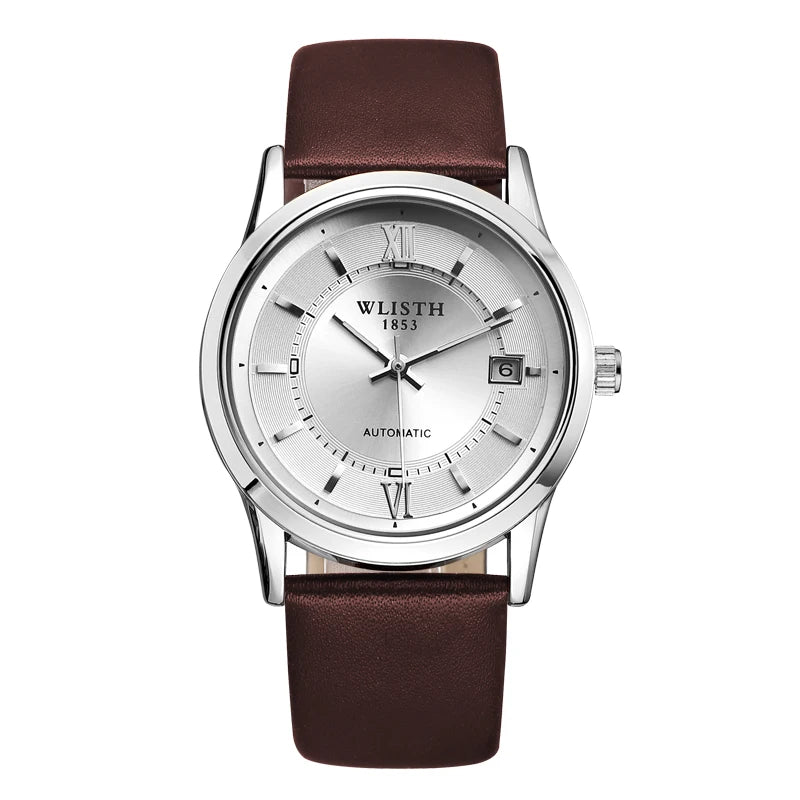 Relógio Automático Masculino com Pulseira de Couro Genuíno, Relógios à Prova d'Água, Luxuoso, Relógio Automático para Presentes Masculinos, Presentes de Negócios