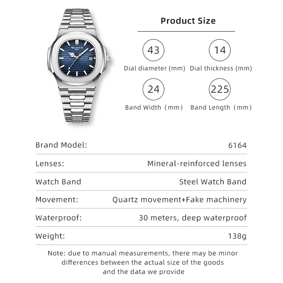 Wlisth relógios masculinos negócios relógios de quartzo moda relógio masculino luminoso à prova dwaterproof água esporte relógios masculino relógio de pulso de aço inoxidável