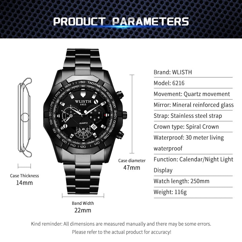 Relógio Masculino Original Esportivo Quartz com Calendário Pulseira de Aço à Prova d'Água Luminosa Multifuncional Relógio Quartz Reloj Hombre