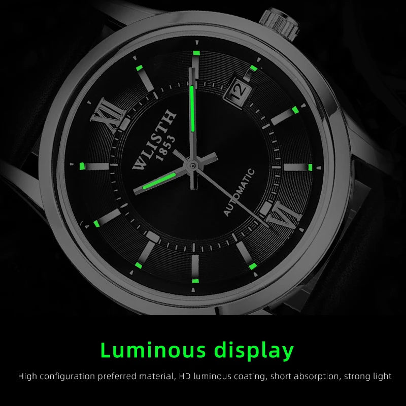 Relógio Automático Masculino com Pulseira de Couro Genuíno, Relógios à Prova d'Água, Luxuoso, Relógio Automático para Presentes Masculinos, Presentes de Negócios